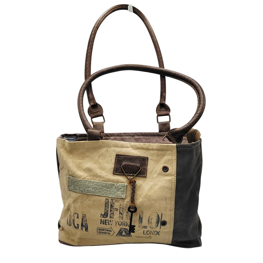 "DCA JFK LONDON" Airport Theme Brown Two Toned Canvas Leather Handles Tote Bag